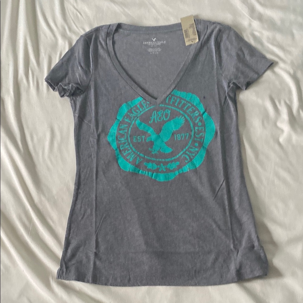 American Eagle Gray V-Neck Tee with Teal Logo